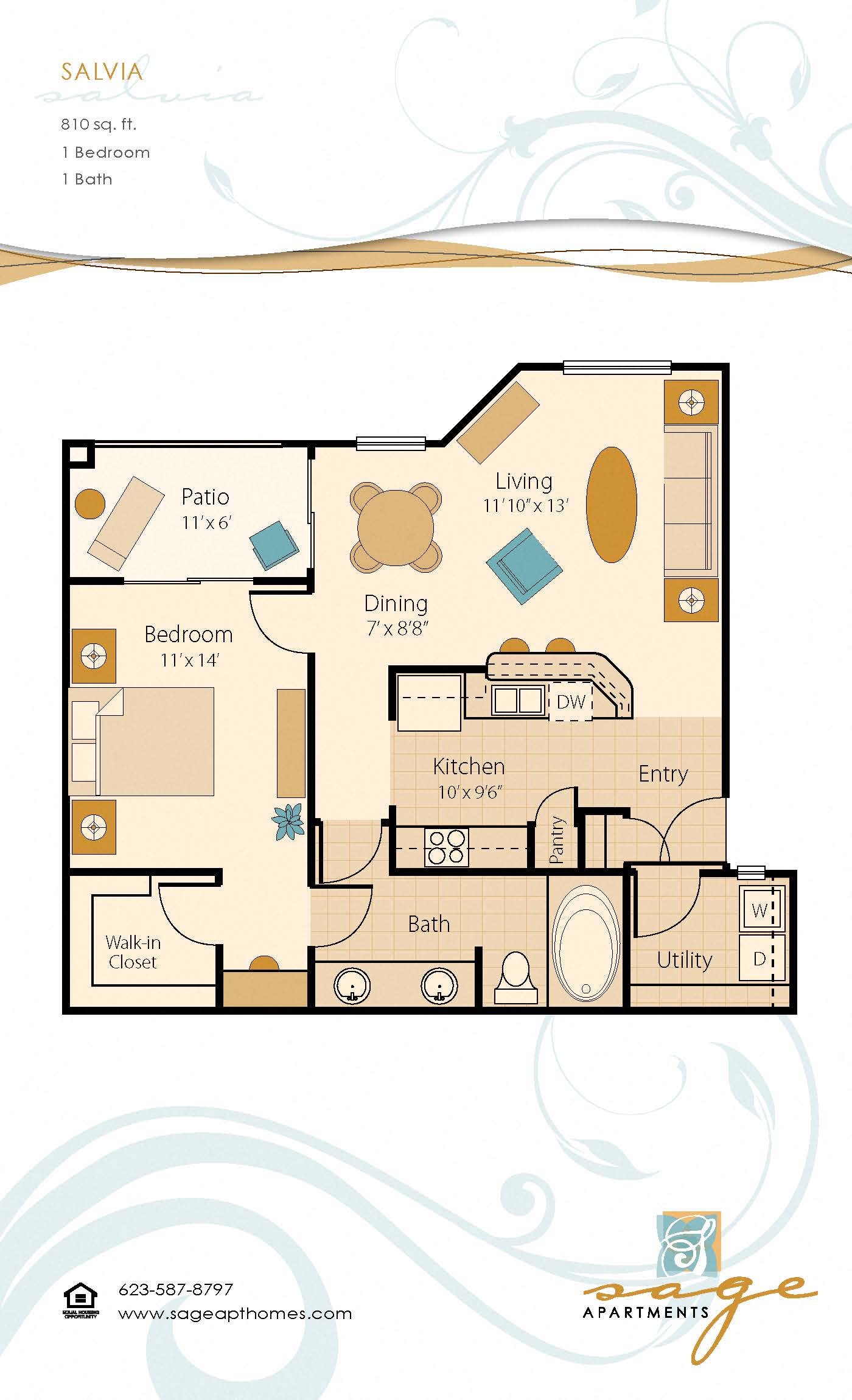 Floor plan for 1 bed, 1 bath, 810 sqft
