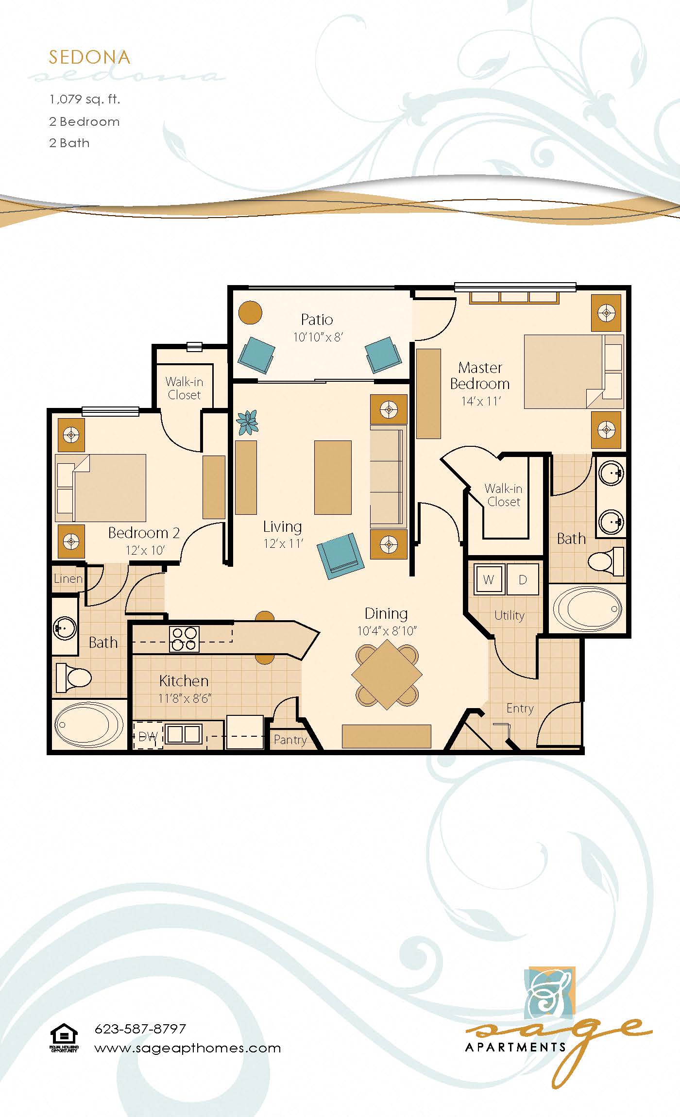 Floor plan for 2 beds, 2 baths, 1079 sqft