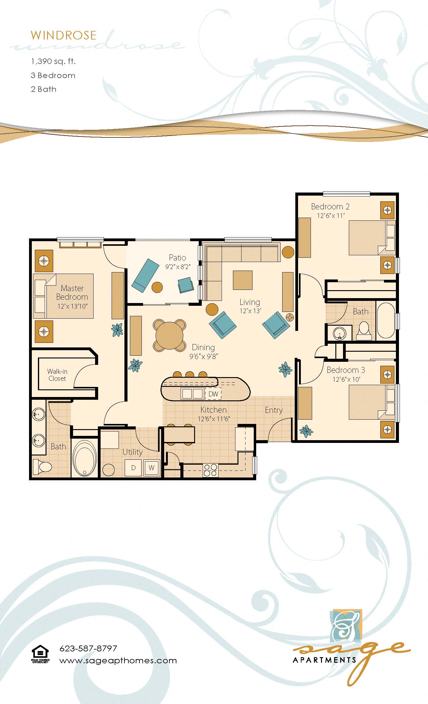Floor plan for 3 beds, 2 baths, 1390 sqft