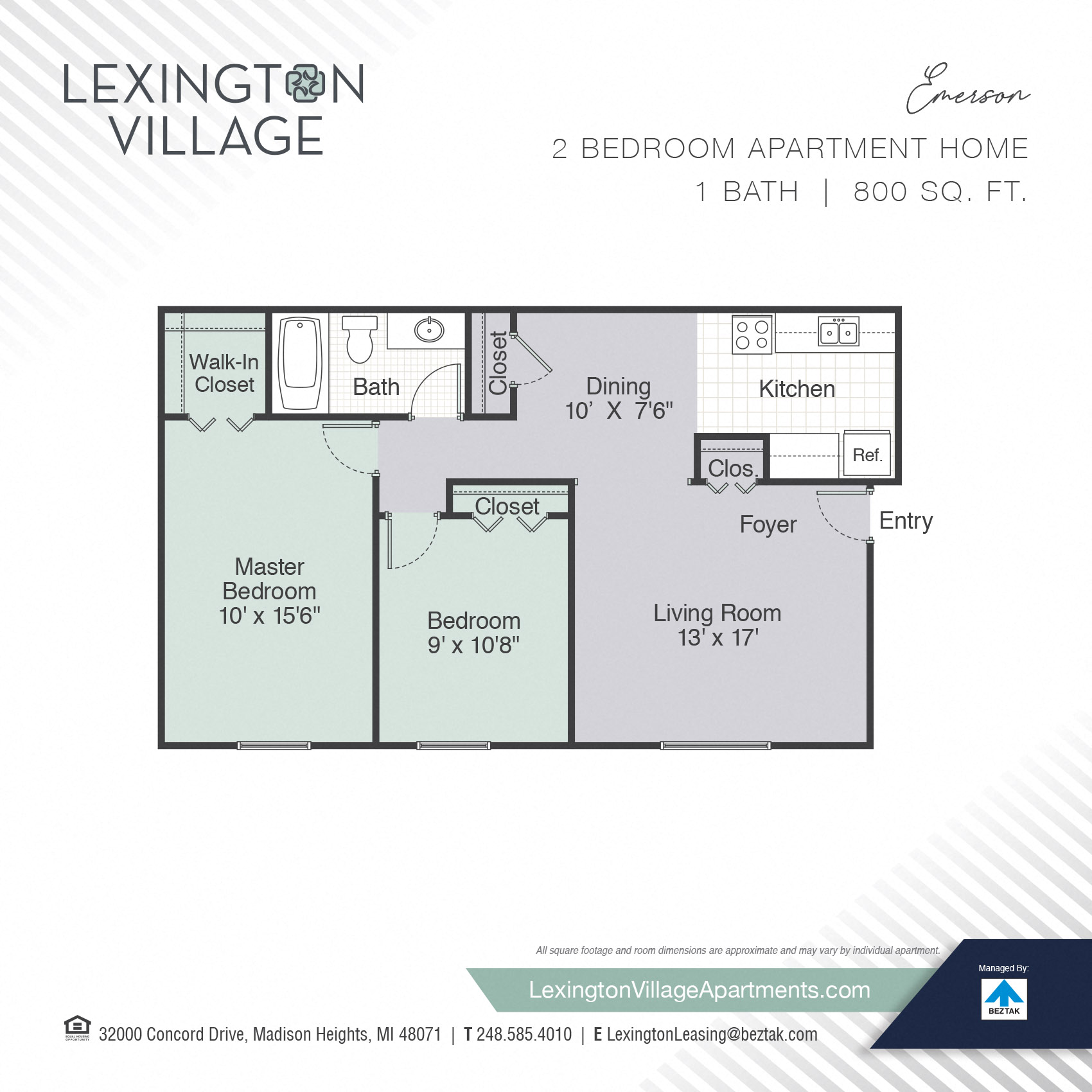 Floor plan for 2 beds, 1 bath, 800 sqft