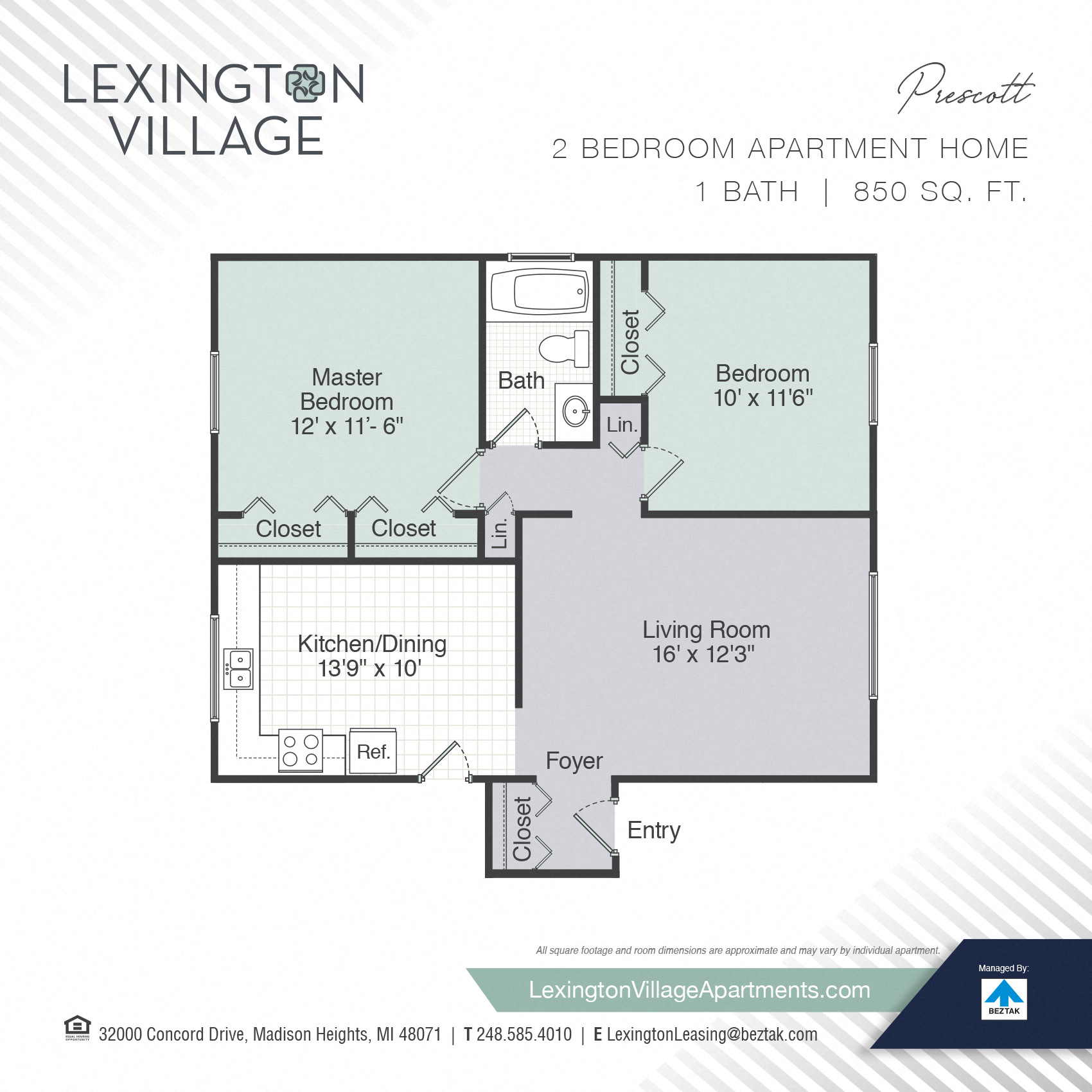 Floor plan for 2 beds, 1 bath, 850 sqft