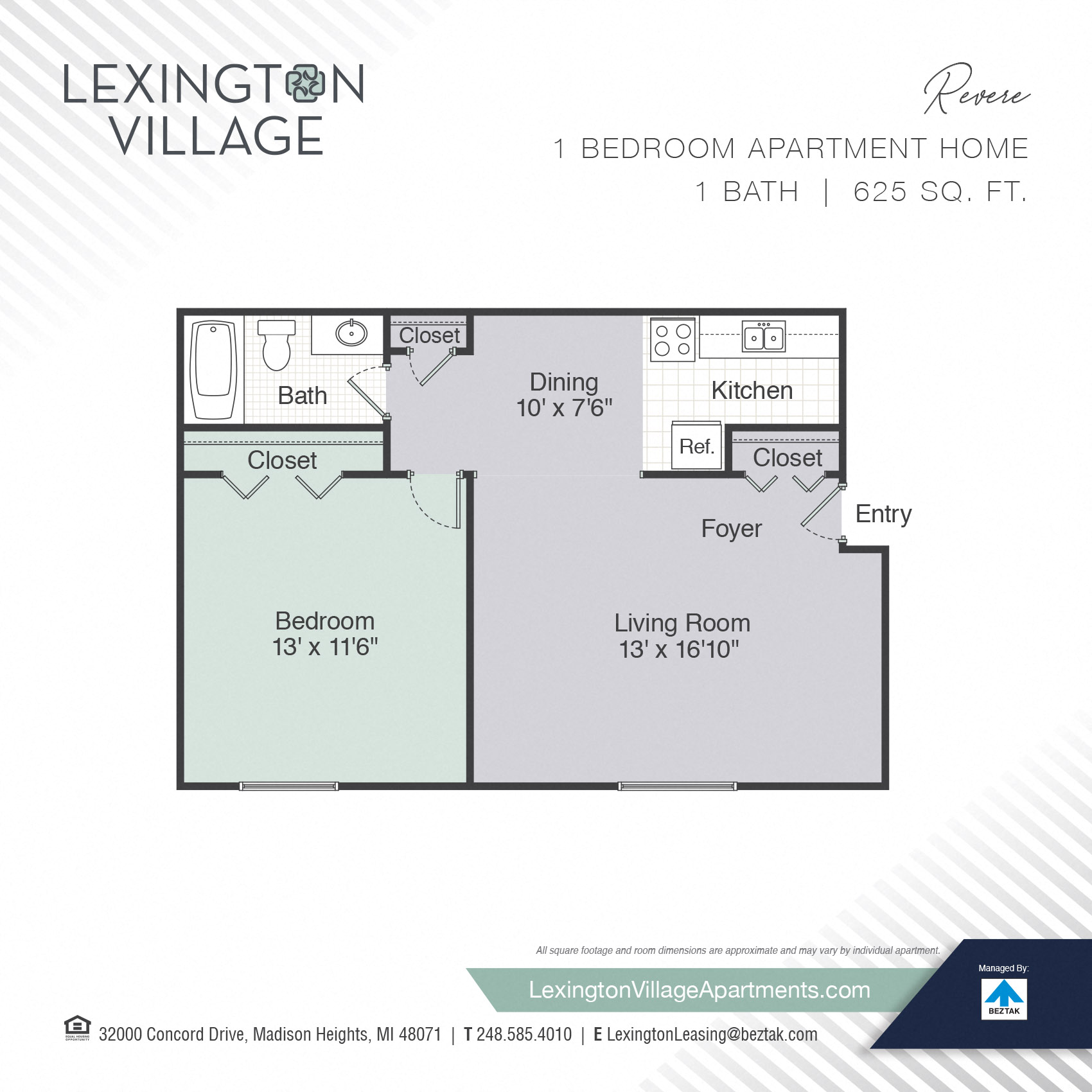 Floor plan for 1 bed, 1 bath, 625 sqft