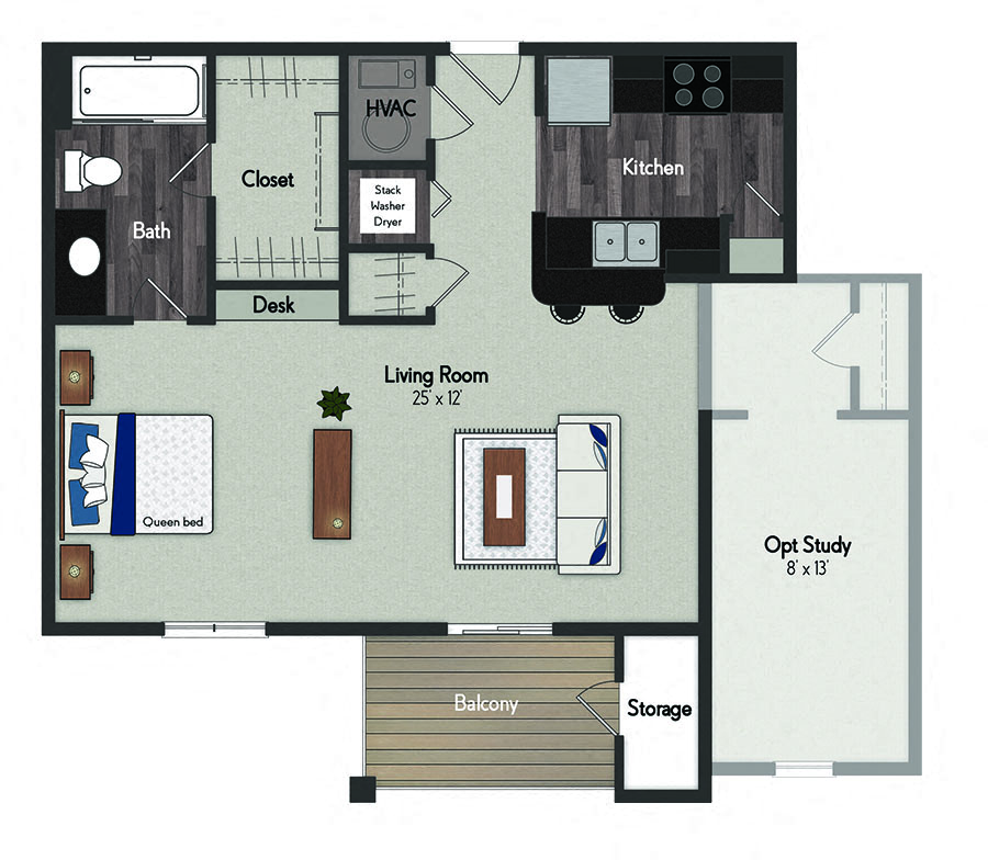 Floor plan for studio, 1 bath, 730 sqft