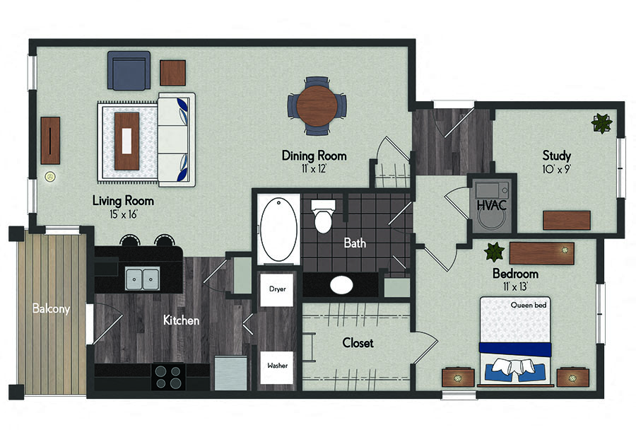 Floor plan for 1 bed, 1 bath, 959 sqft