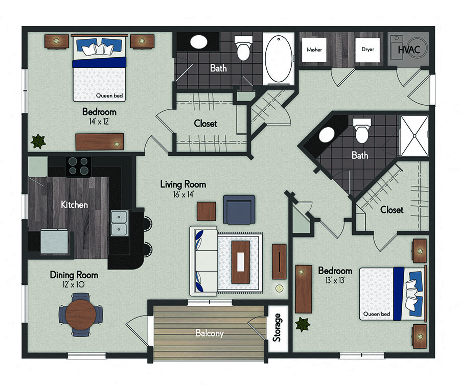 Floor plan for 2 beds, 2 baths, 1180 sqft