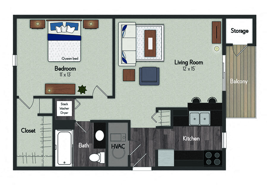 Floor plan for 1 bed, 1 bath, 601 sqft