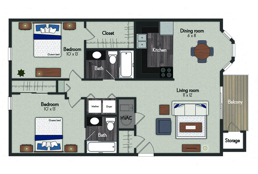 Floor plan for 2 beds, 2 baths, 922 sqft