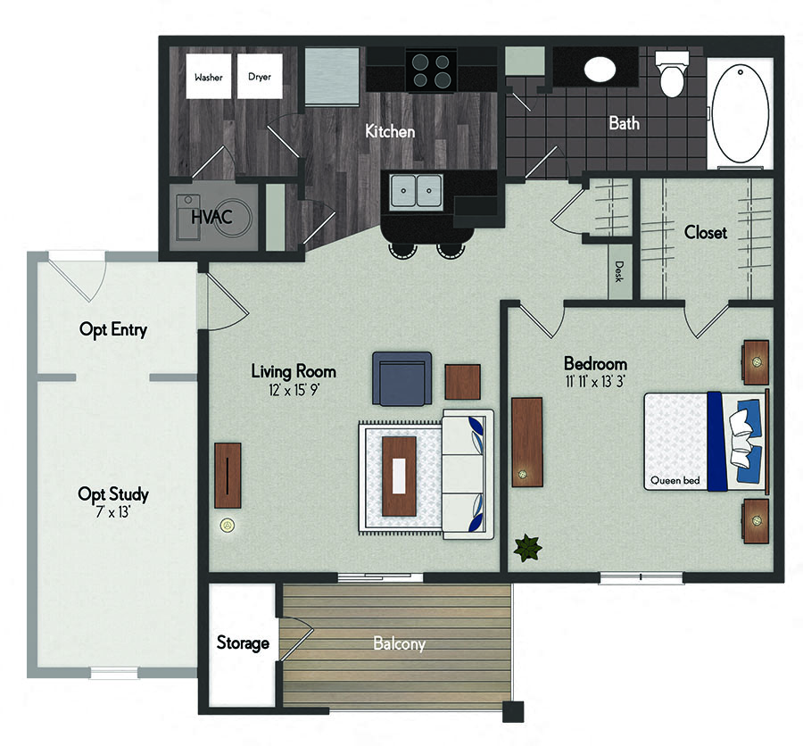 Floor plan for 1 bed, 1 bath, 802 sqft
