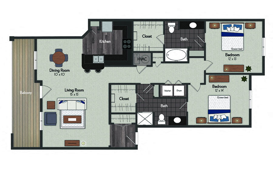 Floor plan for 2 beds, 2 baths, 1277 sqft