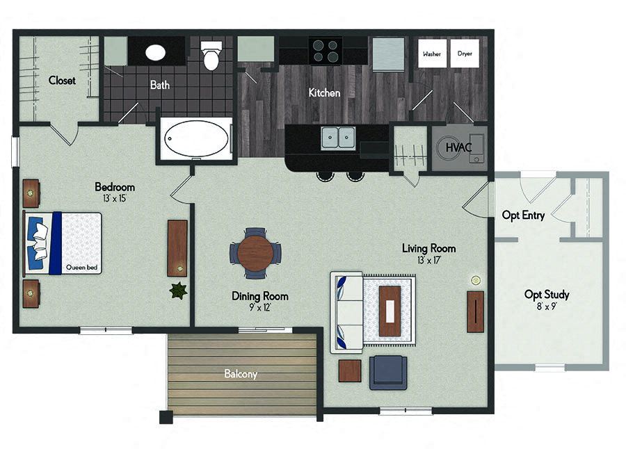 Floor plan for 1 bed, 1 bath, 888 sqft