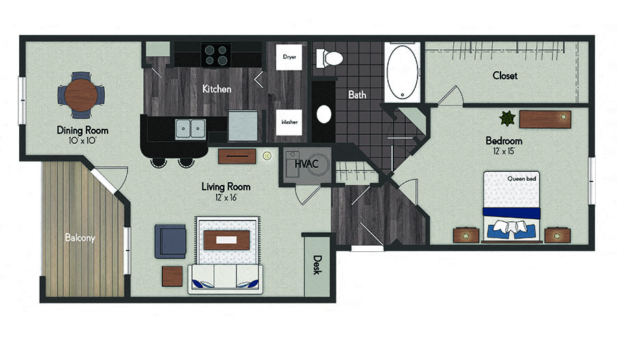 Floor plan for 1 bed, 1 bath, 823 sqft