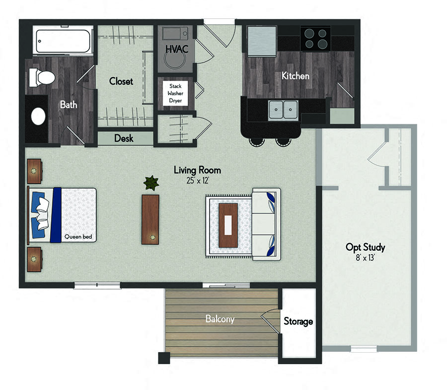 Floor plan for studio, 1 bath, 730 sqft