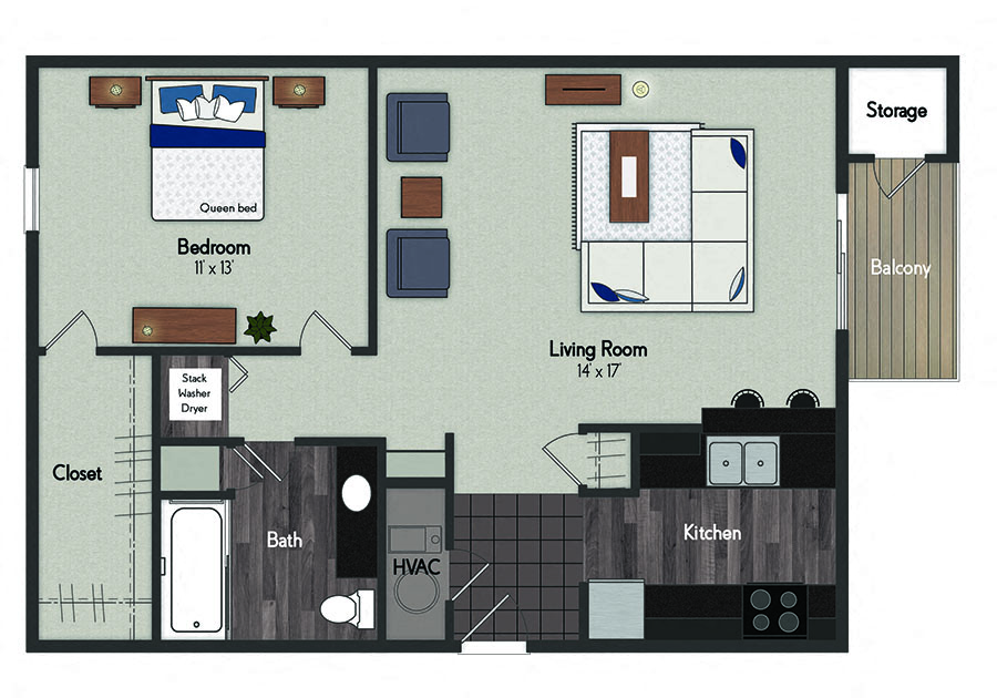 Floor plan for 1 bed, 1 bath, 713 sqft