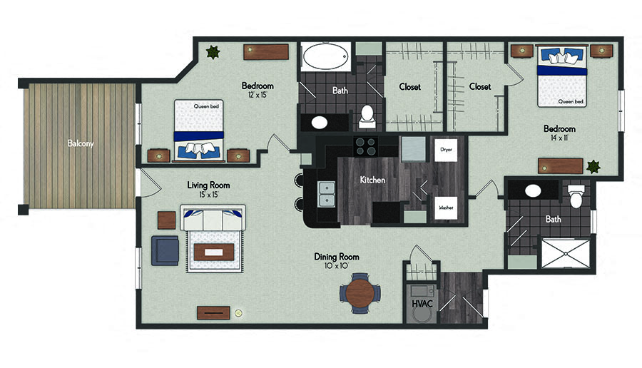 Floor plan for 2 beds, 2 baths, 1236 sqft