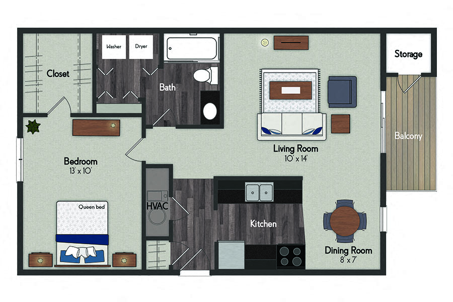 Floor plan for 1 bed, 1 bath, 683 sqft