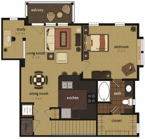 Floor plan for 1 bed, 1 bath, 782 sqft