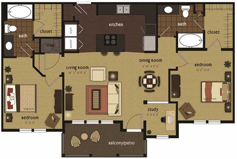 Floor plan for 2 beds, 2 baths, 1160 sqft