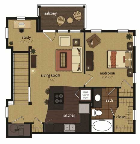 Floor plan for 1 bed, 1 bath, 700 sqft