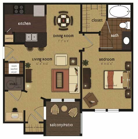 Floor plan for 1 bed, 1 bath, 698 sqft