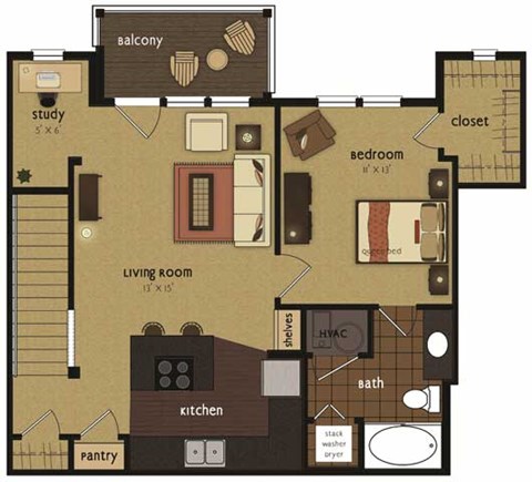 Floor plan for 1 bed, 1 bath, 714 sqft