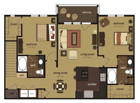 Floor plan for 2 beds, 2 baths, 1066 sqft