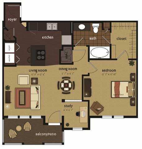 Floor plan for 1 bed, 1 bath, 840 sqft