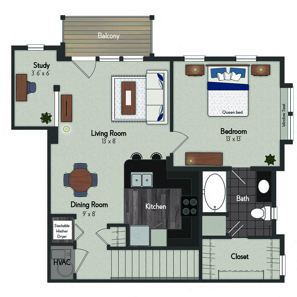 Floor plan for 1 bed, 1 bath, 782 sqft