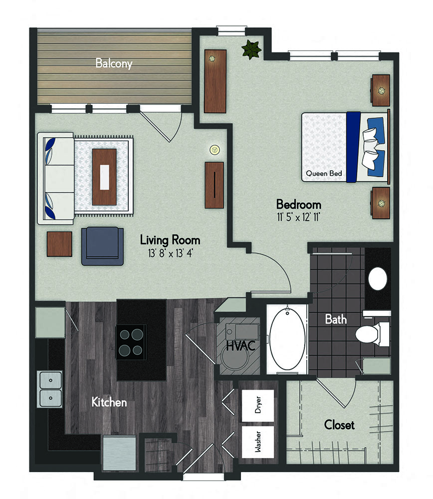 Floor plan for 1 bed, 1 bath, 731 sqft