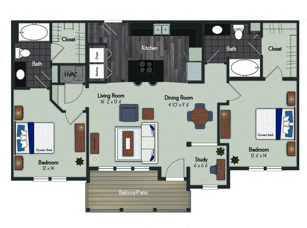 Floor plan for 2 beds, 2 baths, 1160 sqft