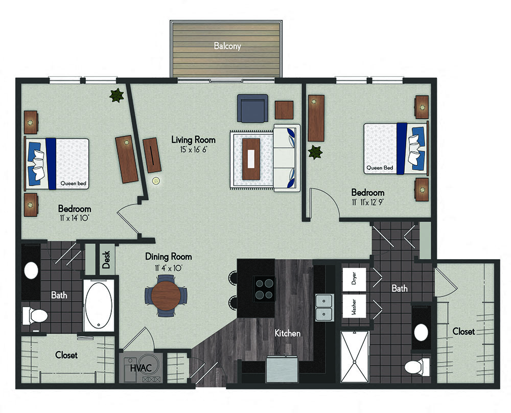 Floor plan for 2 beds, 2 baths, 1254 sqft