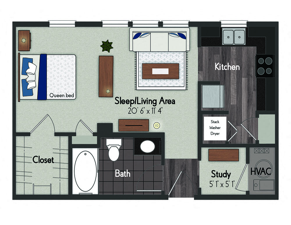 Floor plan for studio, 1 bath, 570 sqft