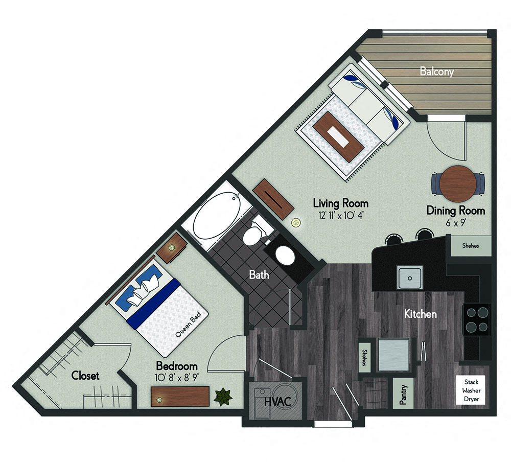 Floor plan for studio, 1 bath, 667 sqft