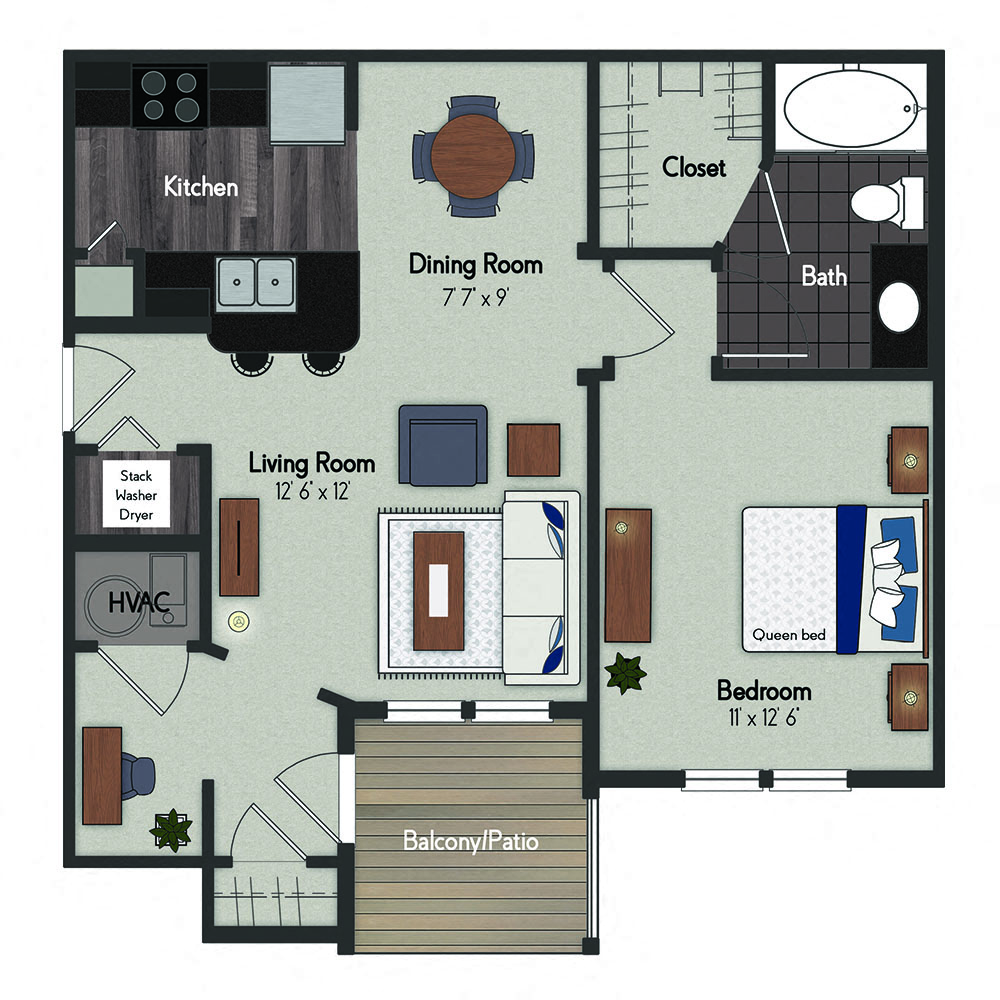 Floor plan for 1 bed, 1 bath, 698 sqft