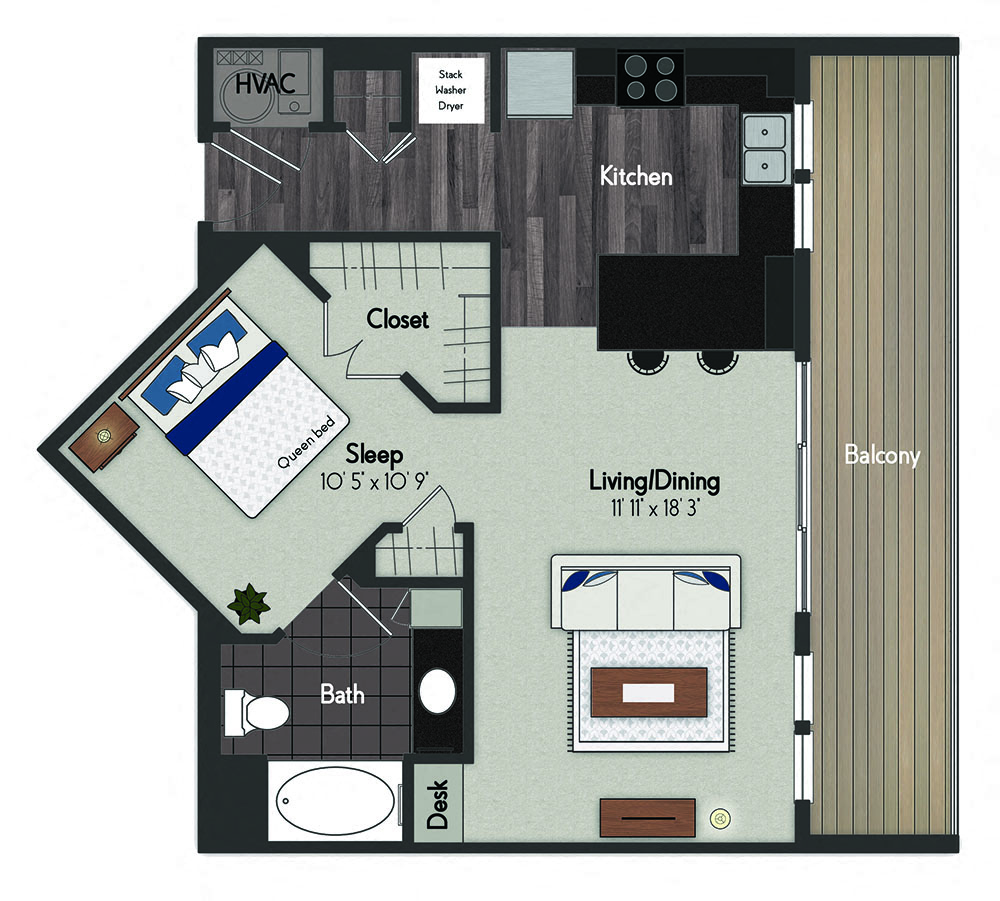 Floor plan for studio, 1 bath, 710 sqft