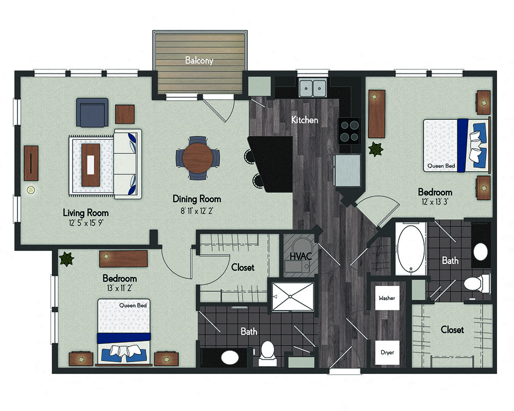 Floor plan for 2 beds, 2 baths, 1213 sqft