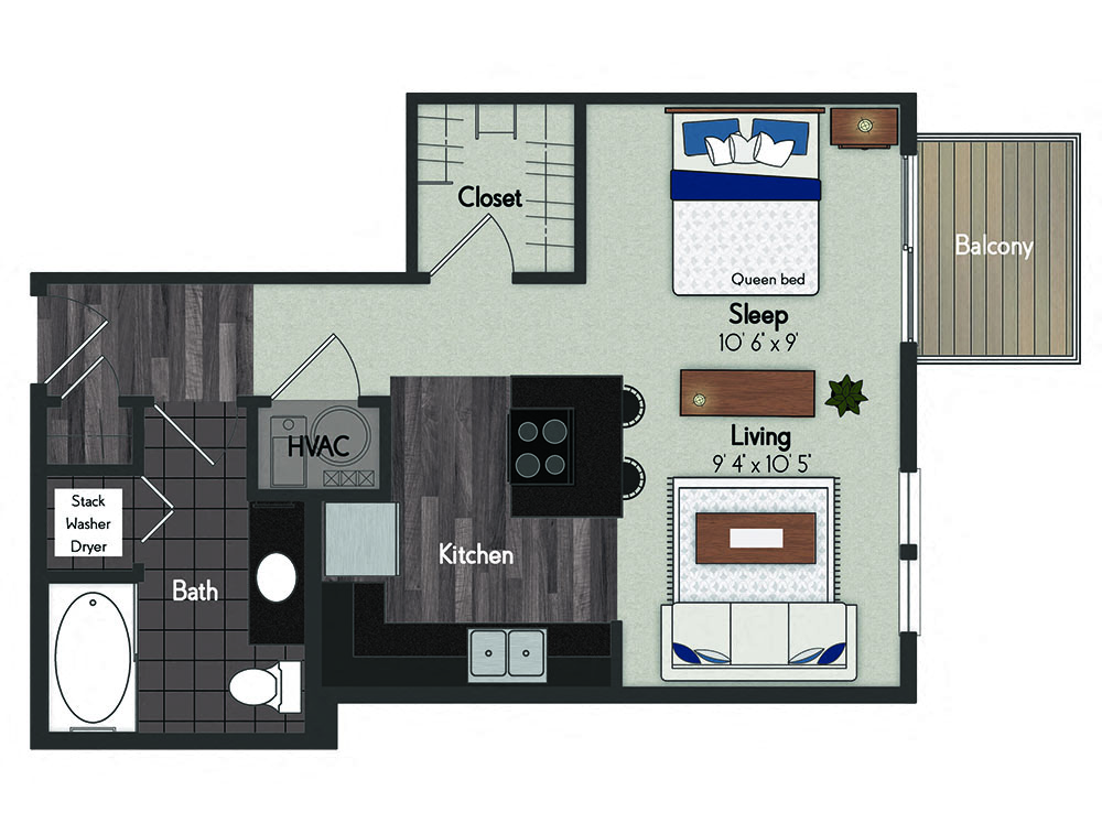 Floor plan for studio, 1 bath, 539 sqft
