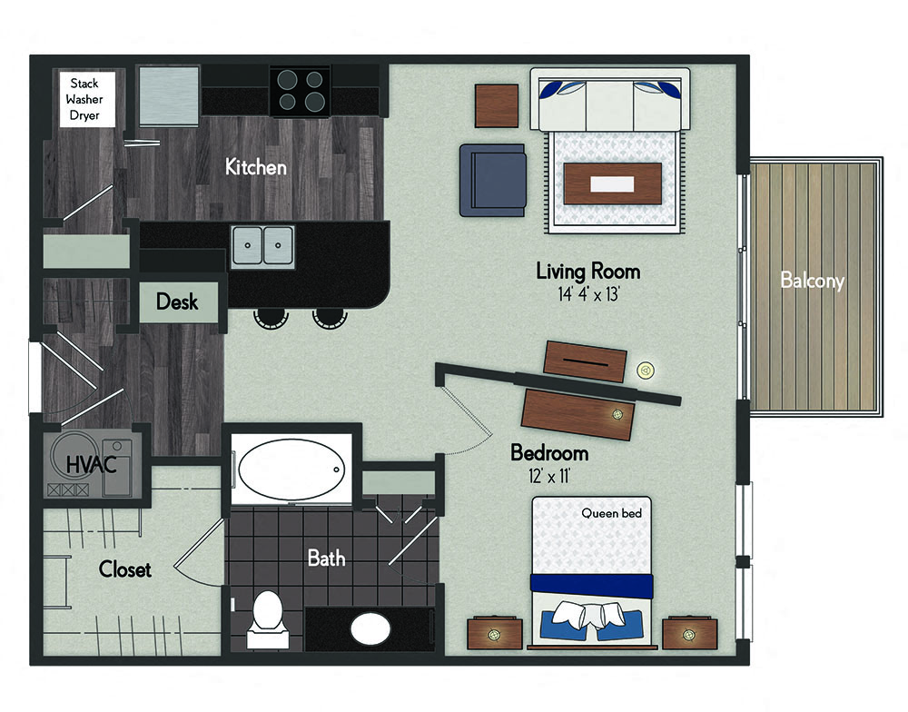 Floor plan for 1 bed, 1 bath, 738 sqft