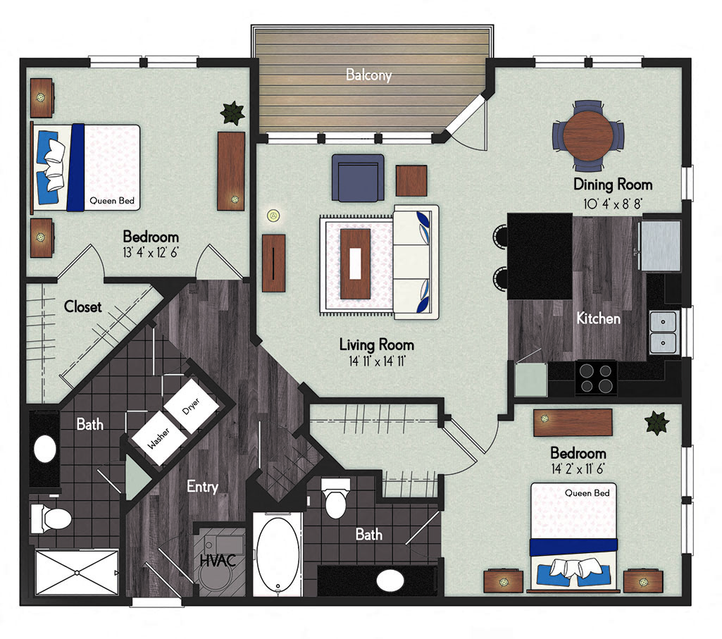 Floor plan for 2 beds, 2 baths, 1225 sqft