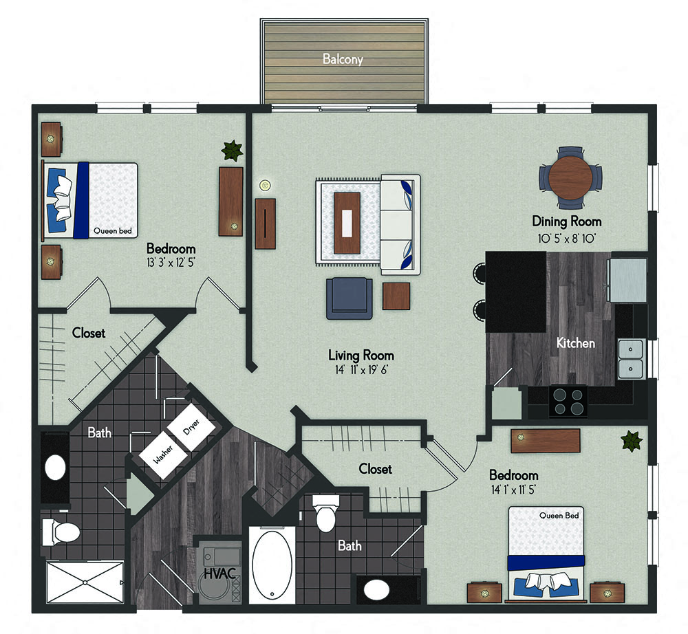 Floor plan for 2 beds, 2 baths, 1283 sqft