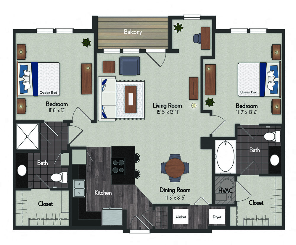 Floor plan for 2 beds, 2 baths, 1169 sqft