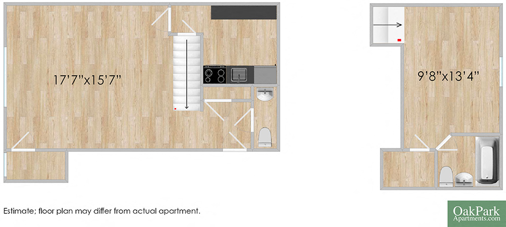 Floor plan for 1 bed, 1 bath, 630 sqft
