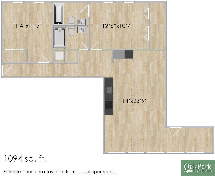 Floor plan for 2 beds, 2 baths, 1094 sqft