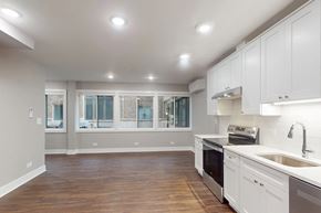 Oak Park apartment for rent - a kitchen with white cabinets and a sink and a window