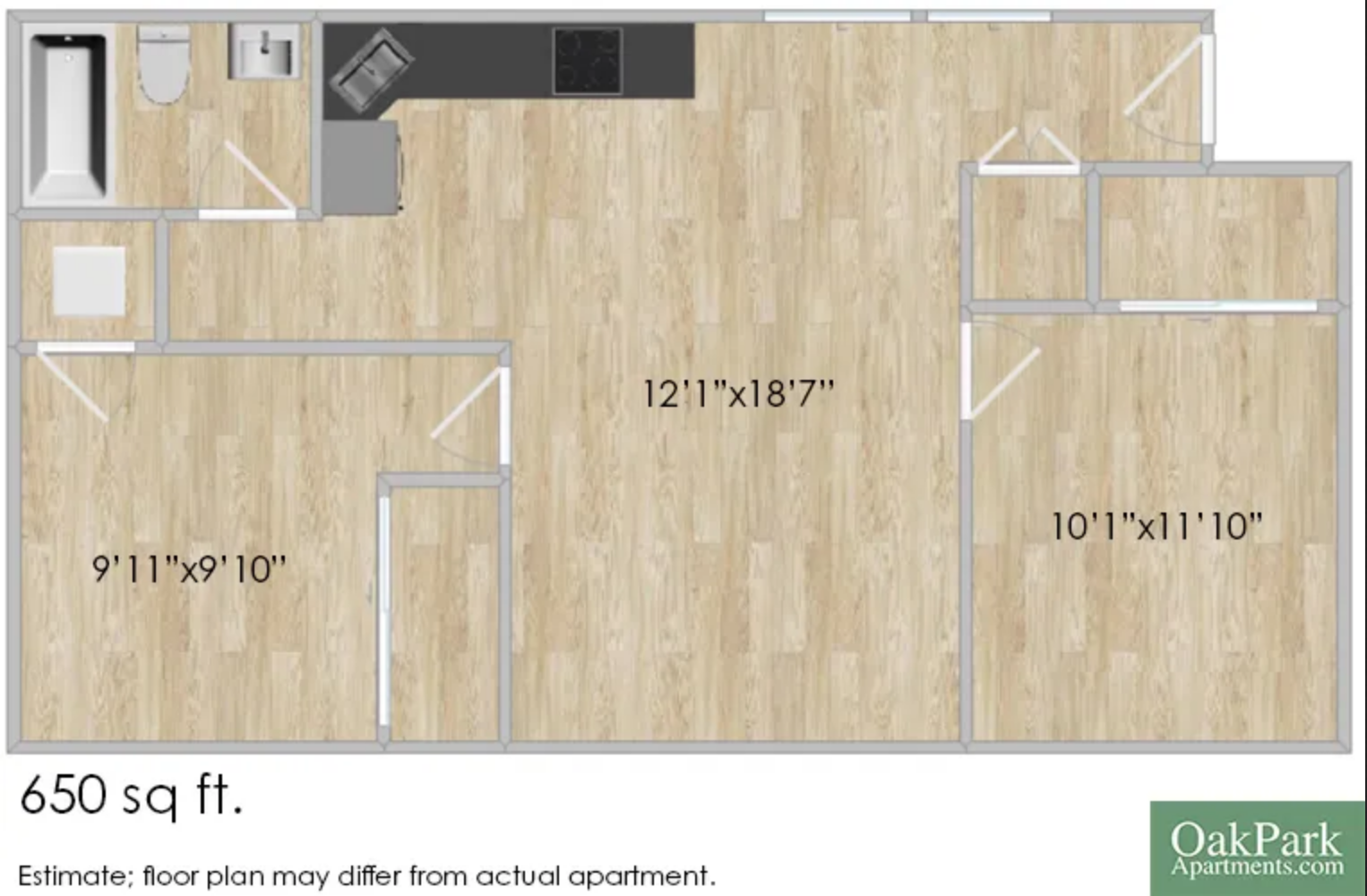 Floor plan for 1 bed, 1 bath, 650 sqft