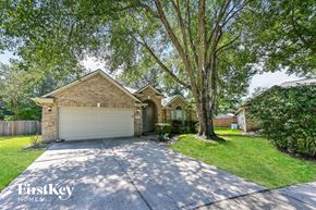 Houston house for rent - A house with a garage is surrounded by trees and has a driveway leading to it.