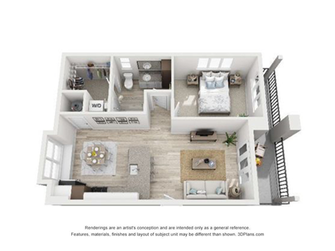 Floor plan for 1 bed, 1 bath, 725 sqft