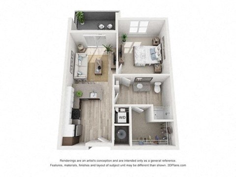 Floor plan for 1 bed, 1 bath, 675 sqft