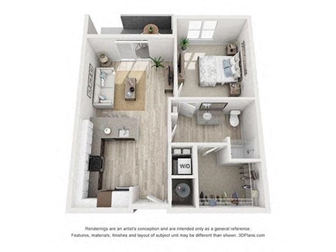 Floor plan for 1 bed, 1 bath, 750 sqft