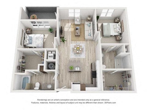Floor plan for 2 beds, 2 baths, 1105 sqft