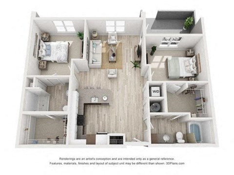 Floor plan for 2 beds, 2 baths, 1175 sqft